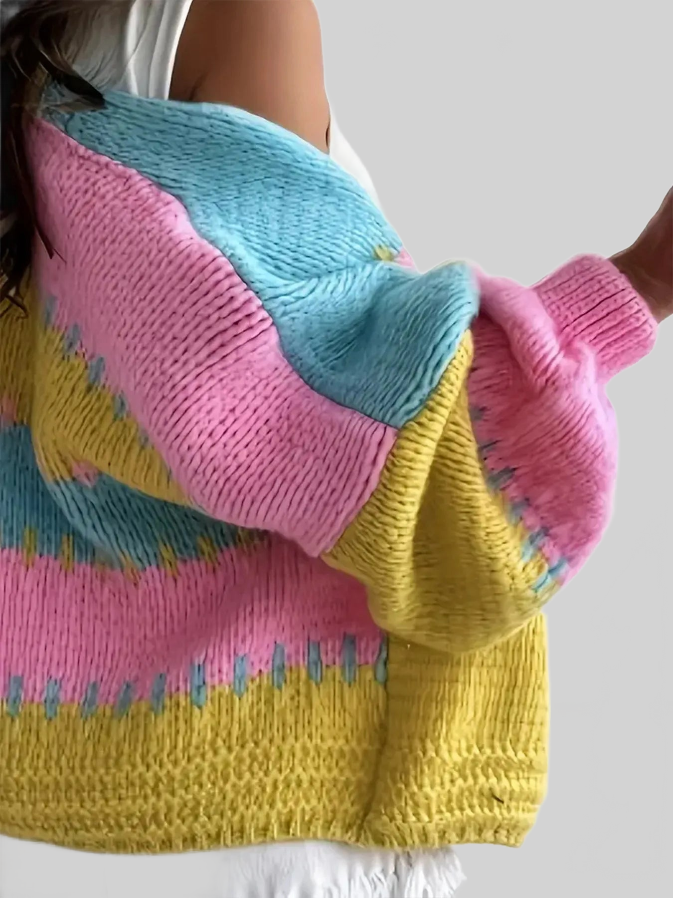 Women Color Block Drop Shoulder Cardigan Sweater NicholesGifts