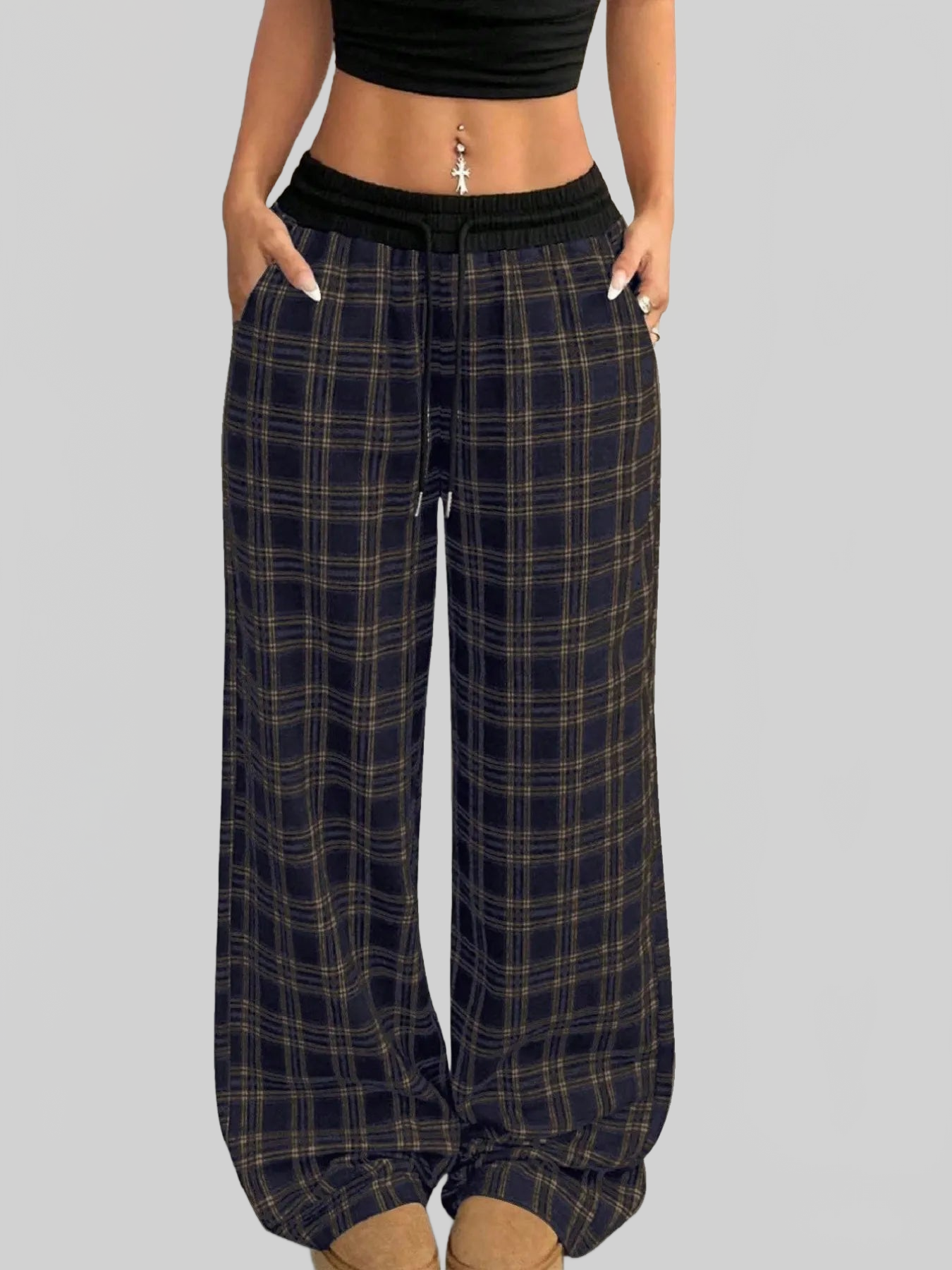 Women Plaid Wide Leg Pants with Drawstring Waist nicholesgifts