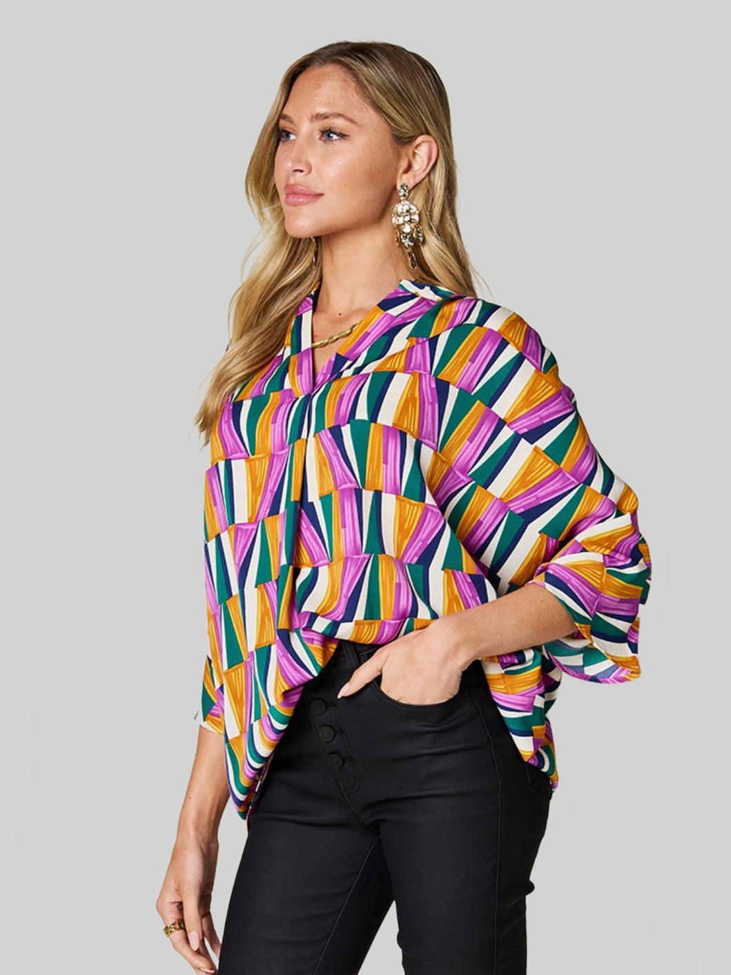 Women Double Take Full Size Geometric Notched Dolman Sleeve Top nicholesgifts