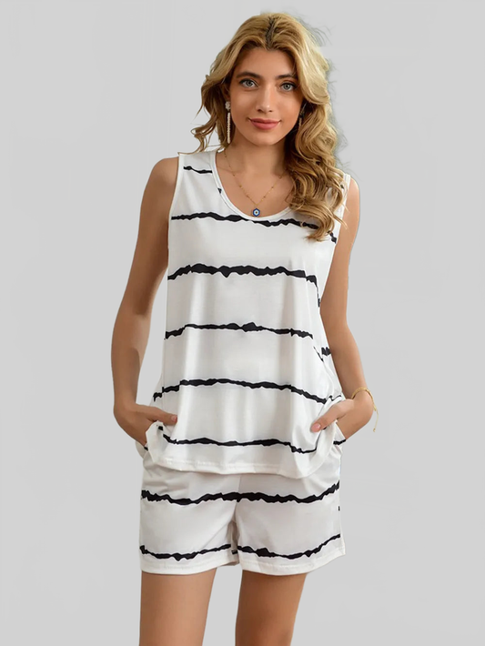 Striped Round Neck Tank and Shorts Lounge Set nicholesgifts