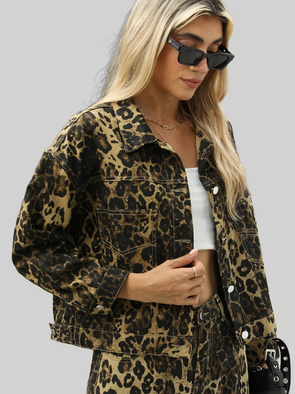 Pocketed Leopard Long Sleeve Denim Jacket nicholesgifts