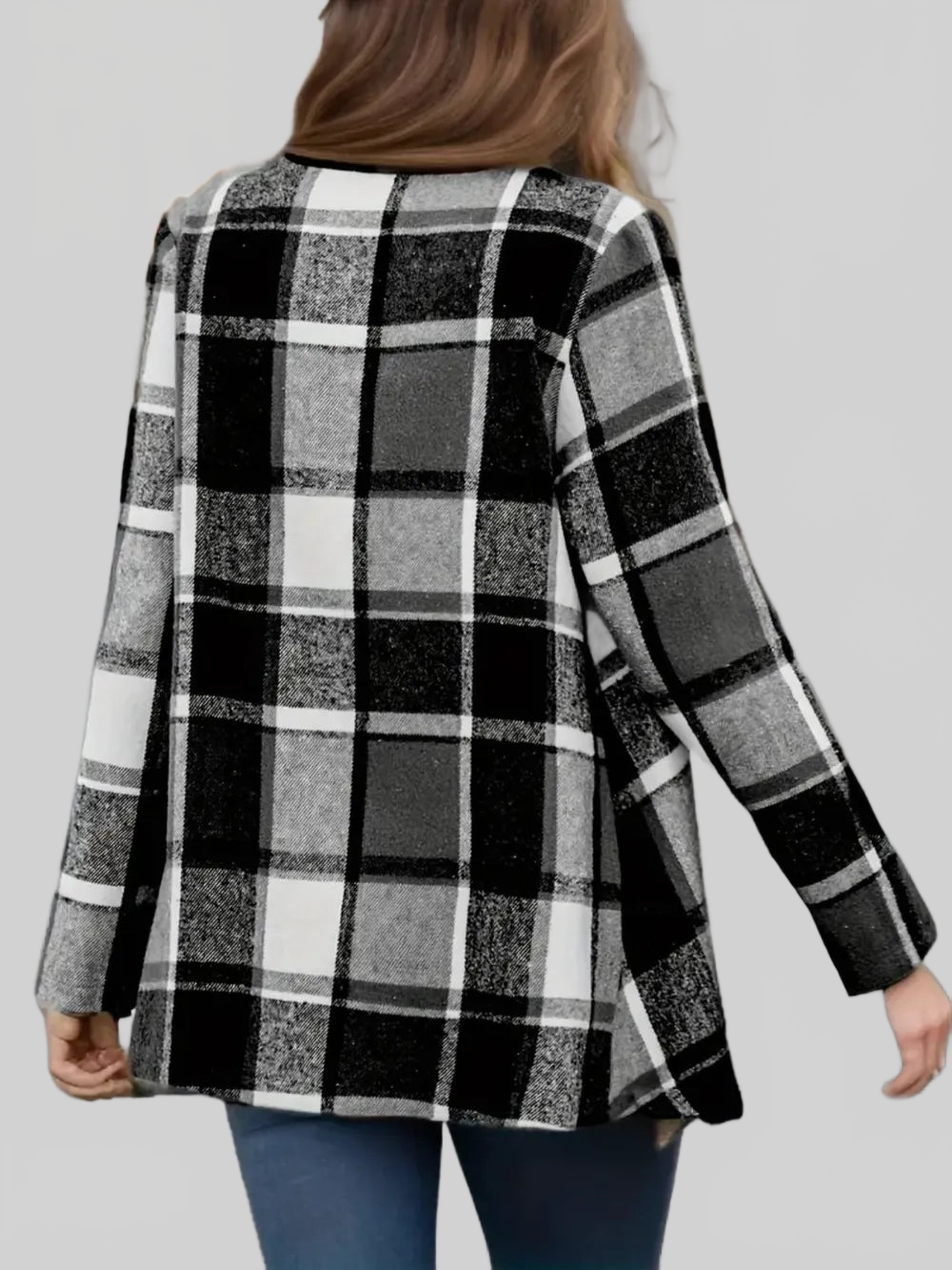 Plaid Open Front Long Sleeve Jacket nicholesgifts