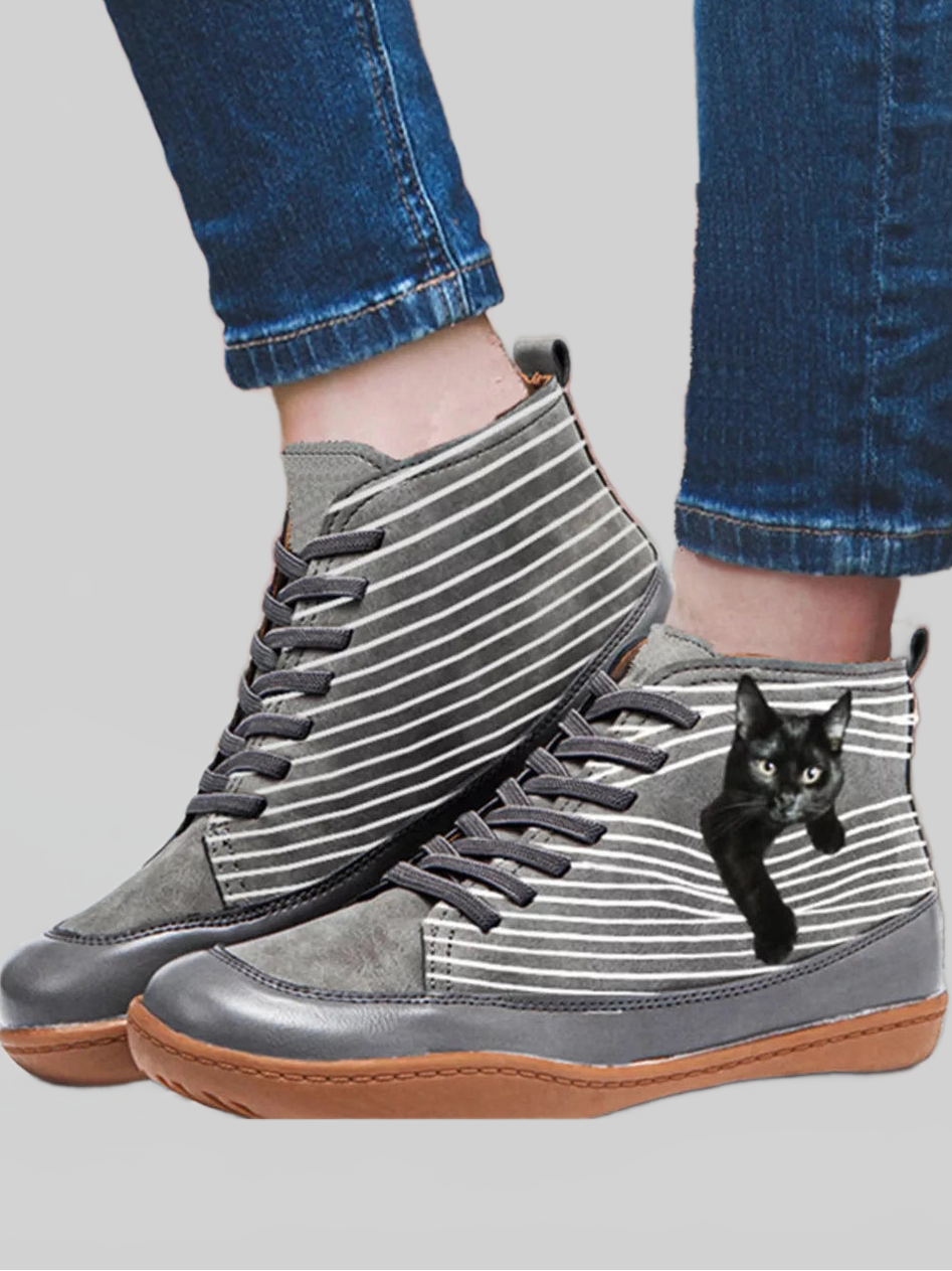 Women Cat Print Striped Ankle Sneakers NicholesGifts