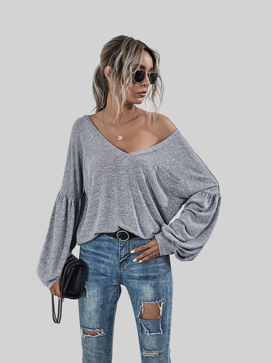 Women V-Neck Long Sleeve Dropped Shoulder Knit Top NicholesGifts