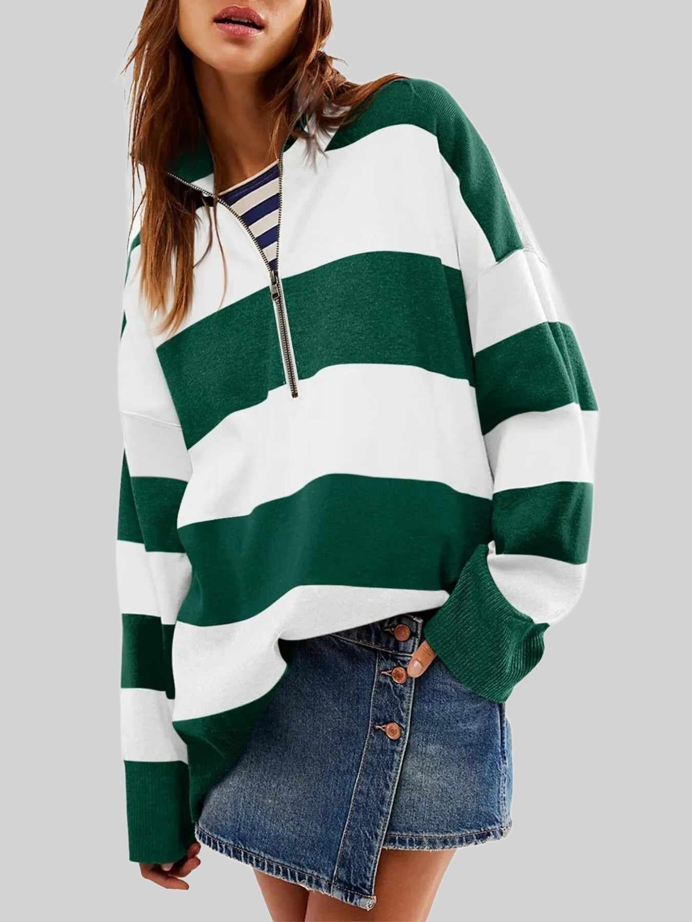 Women Striped Half-Zip Oversized Sweatshirt nicholesgifts