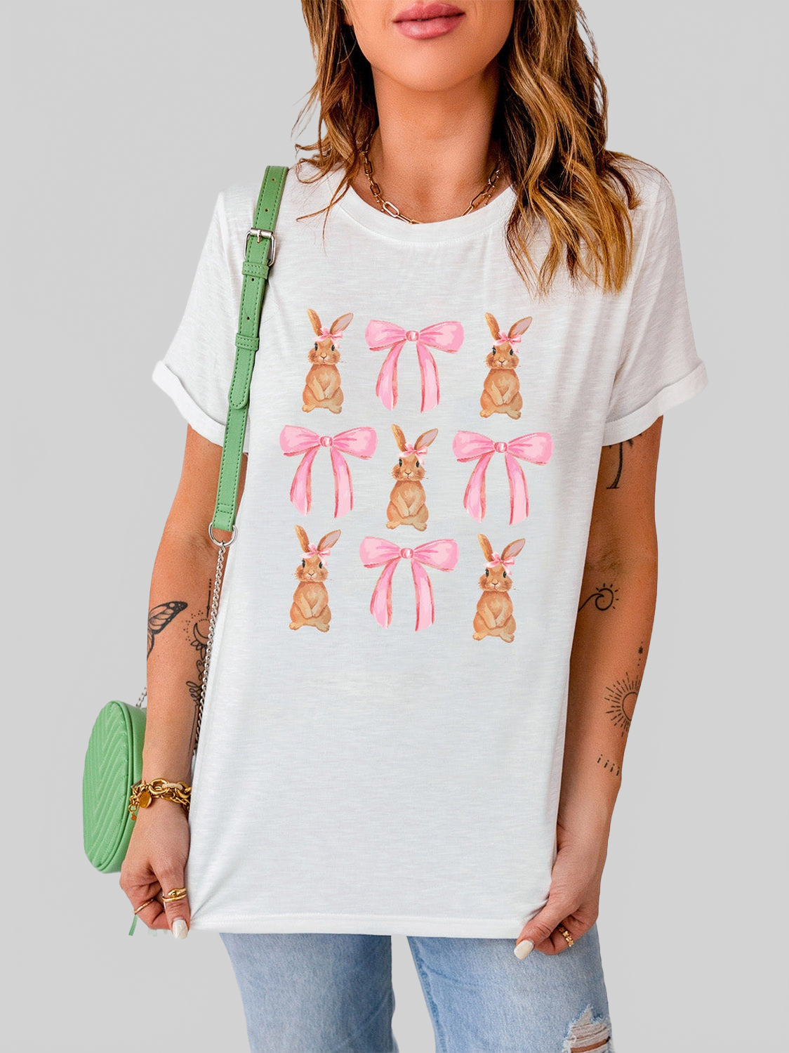 Women Rabbit & Bow Round Neck Short Sleeve Easter T-Shirt nicholesgifts