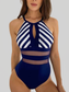 Women Mesh Detail Backless Striped One-Piece Swimsuit nicholesgifts