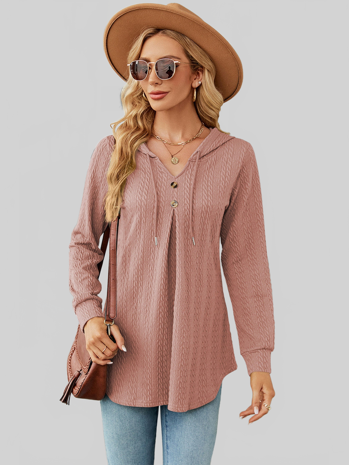 Women Decorative Button Drawstring Long Sleeve Hoodie nicholesgifts