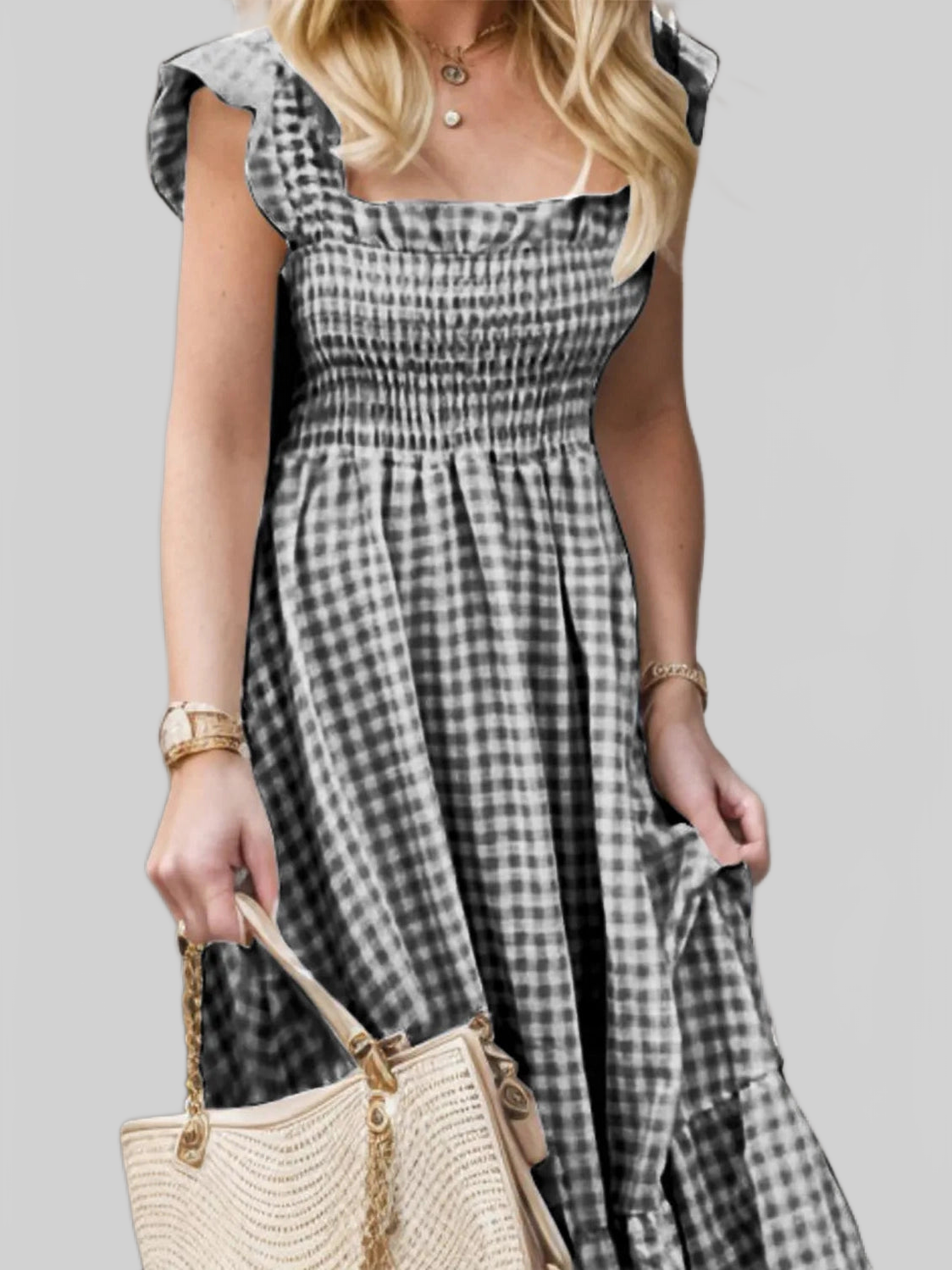 Full Size Smocked Ruffled Plaid Ruffle Hem Dress NicholesGifts