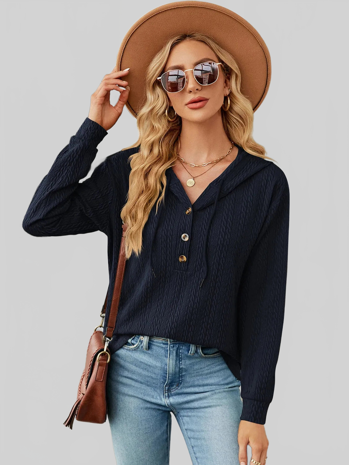 Drawstring Half Button Long Sleeve Hoodie nicholesgifts