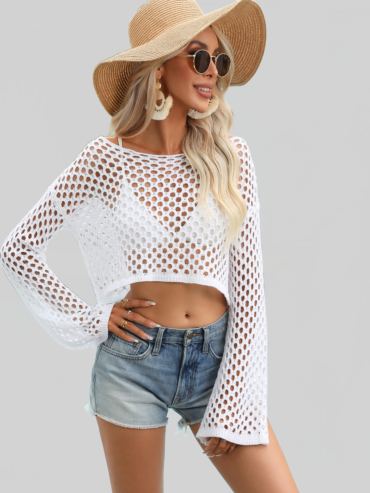 Women Openwork Boat Neck Cover Up nicholesgifts