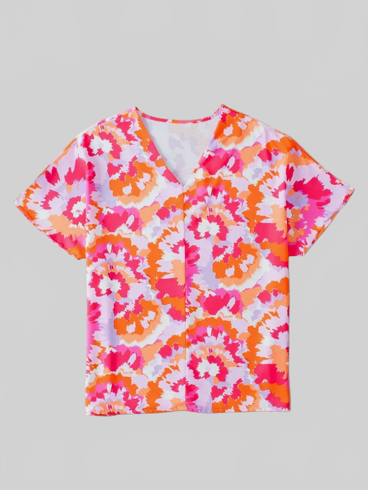 Printed V-Neck Short Sleeve Blouse nicholesgifts