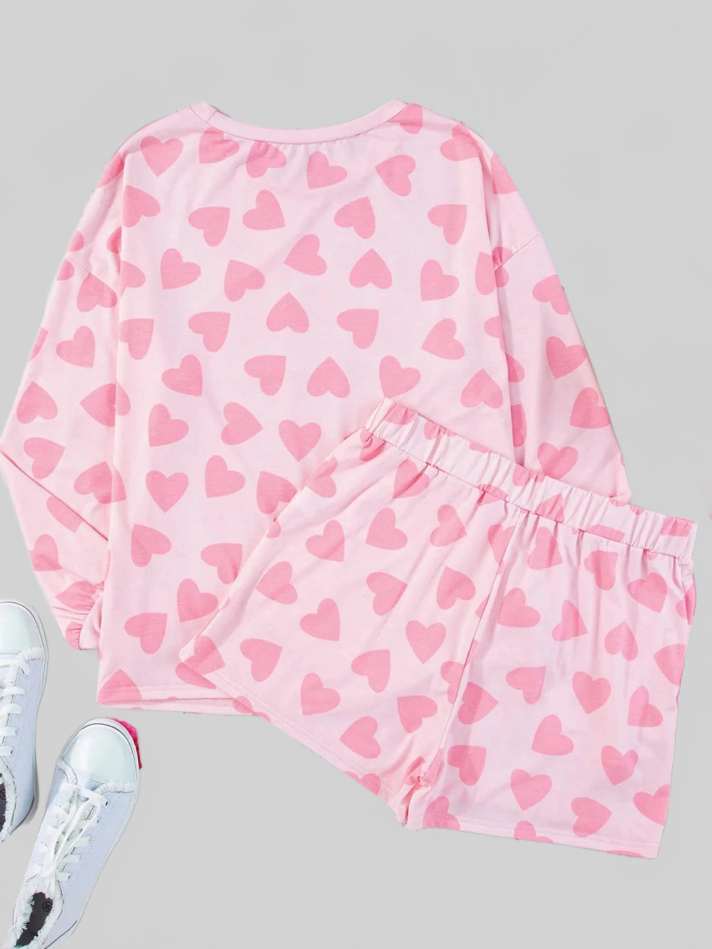 Heart Print Long Sleeve Top and Shorts Lounge Set nicholesgifts
