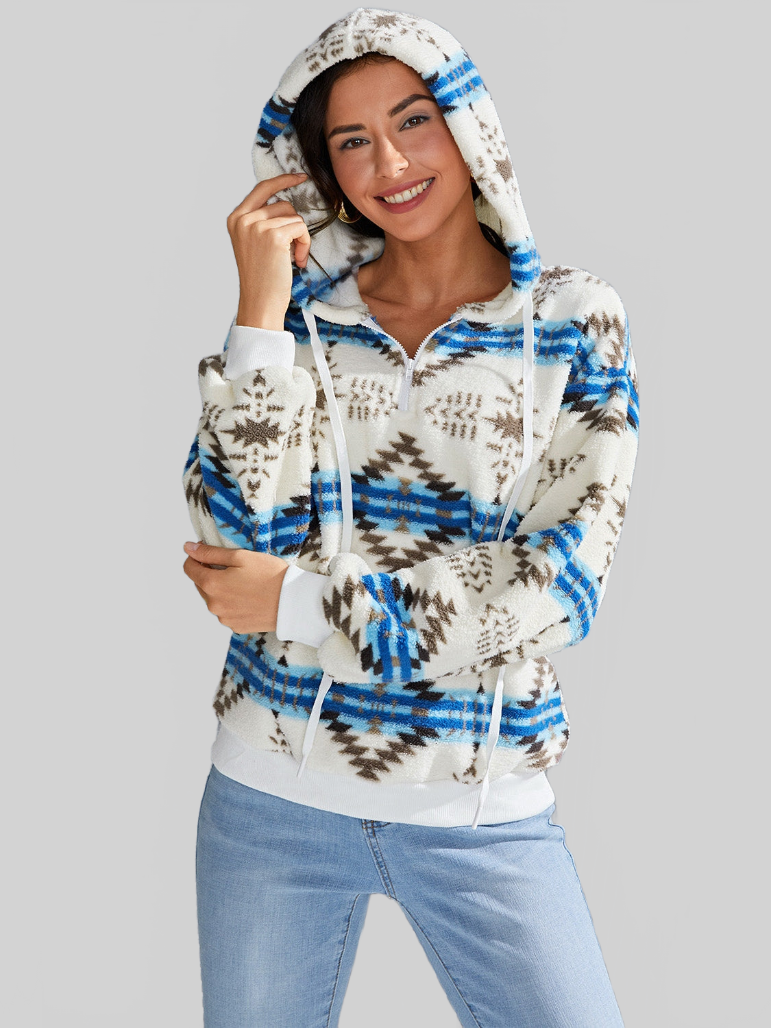 NicholesGifts Women Shiny Geometric Half Zip Drawstring Long Sleeve Hoodie NicholesGifts