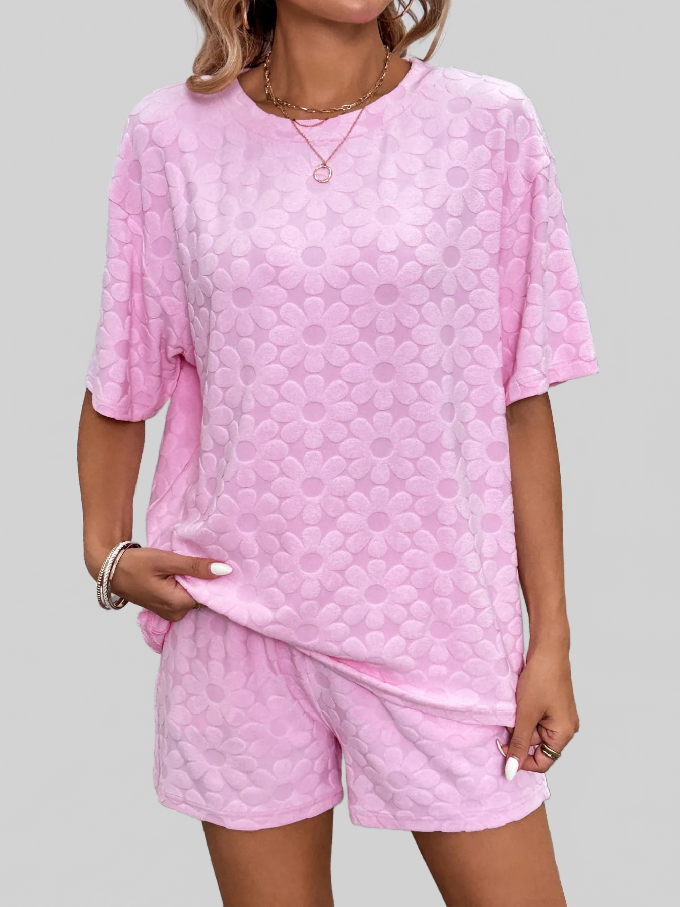 Flower Round Neck Top and Shorts Lounge Set nicholesgifts