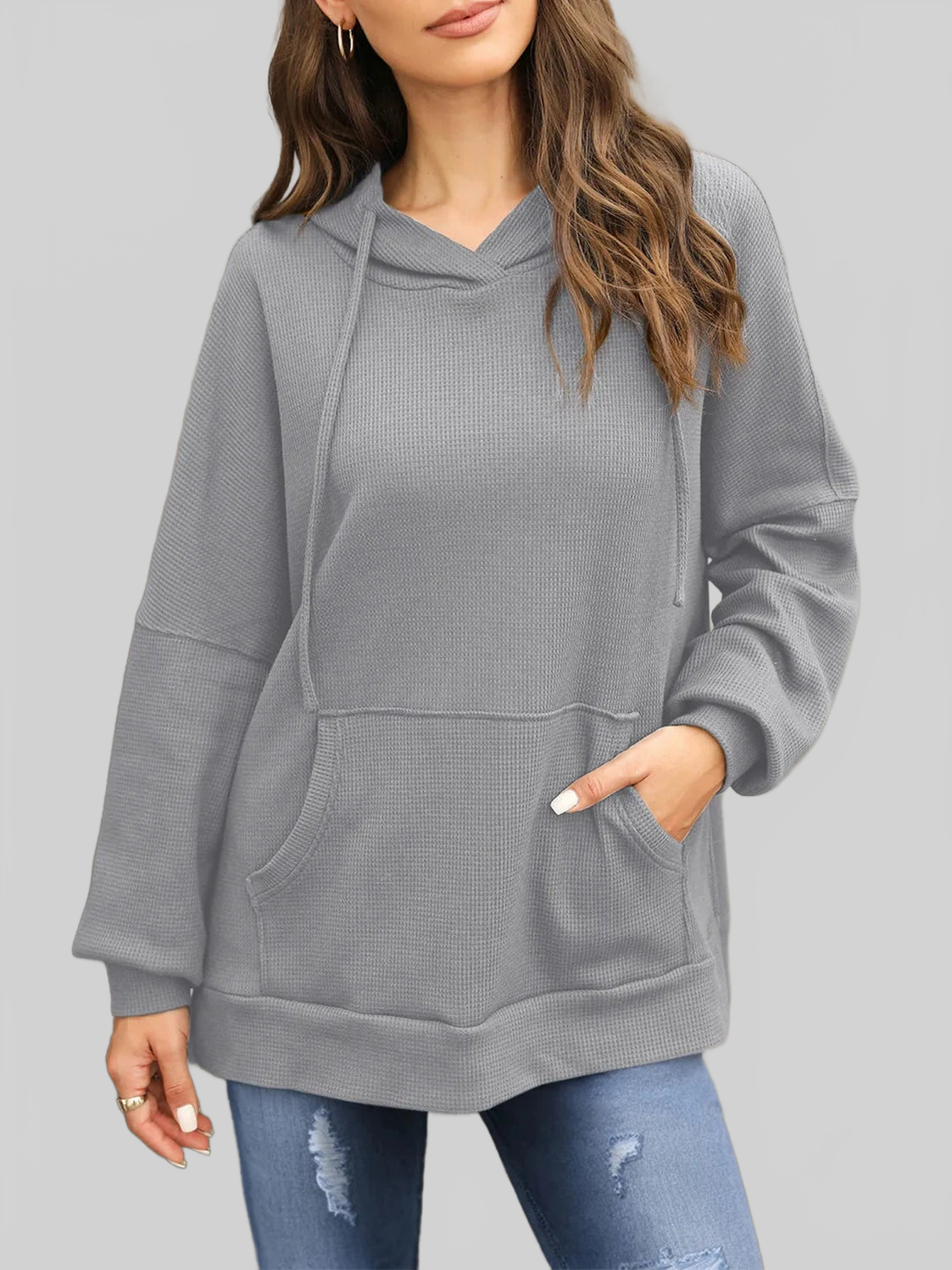 Waffle-Knit Long Sleeve Hoodie nicholesgifts