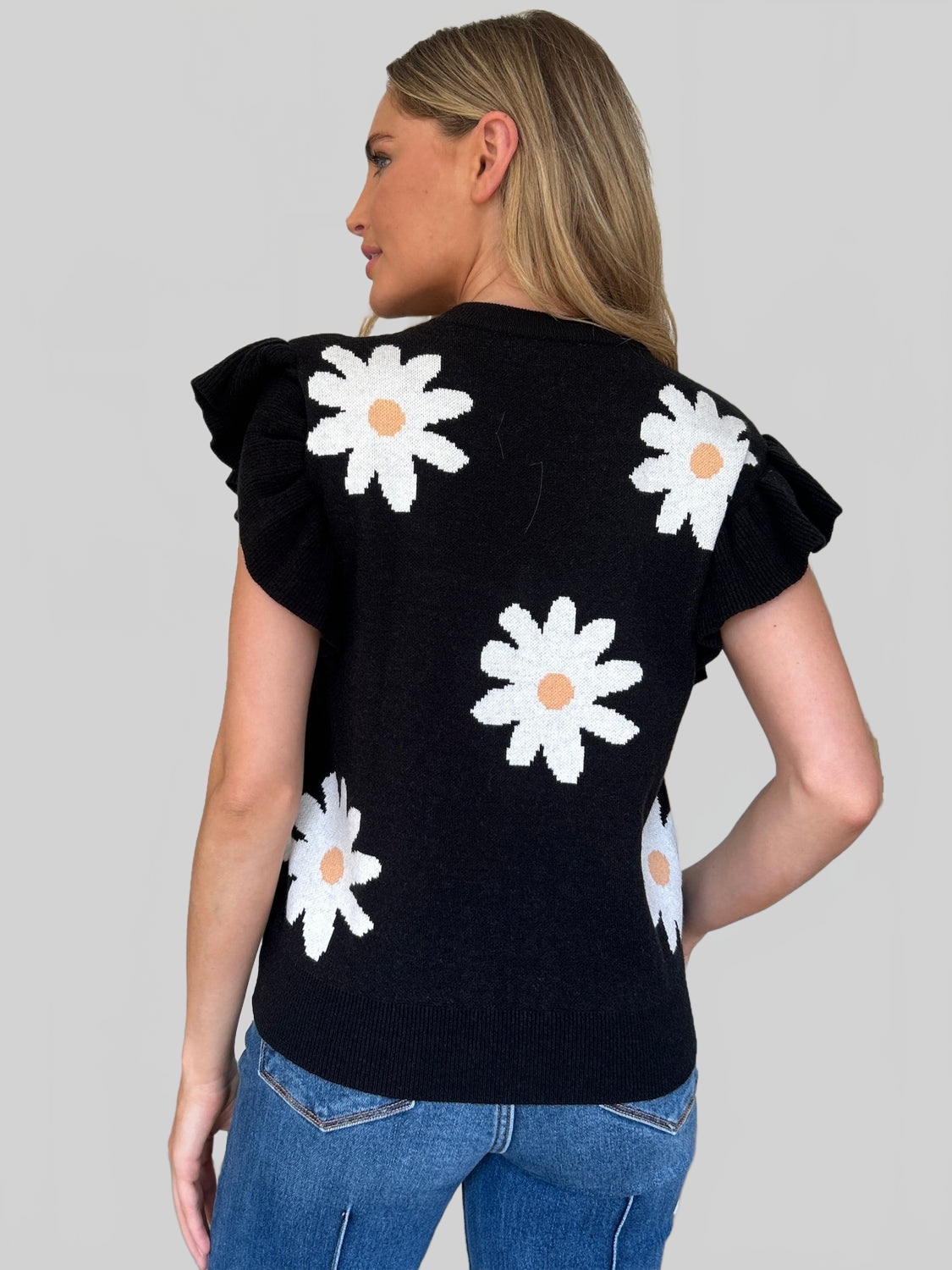 Women Double Take Full Size Ruffled Flower Round Neck Cap Sleeve Black Top NicholesGifts