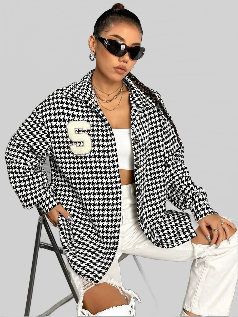 Houndstooth Button Down Long Sleeve Shacket nicholesgifts
