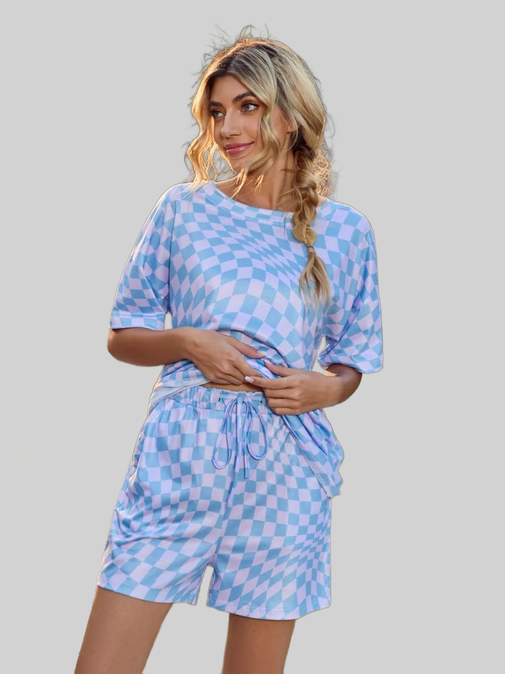 Plaid Round Neck Top and Shorts Lounge Set nicholesgifts
