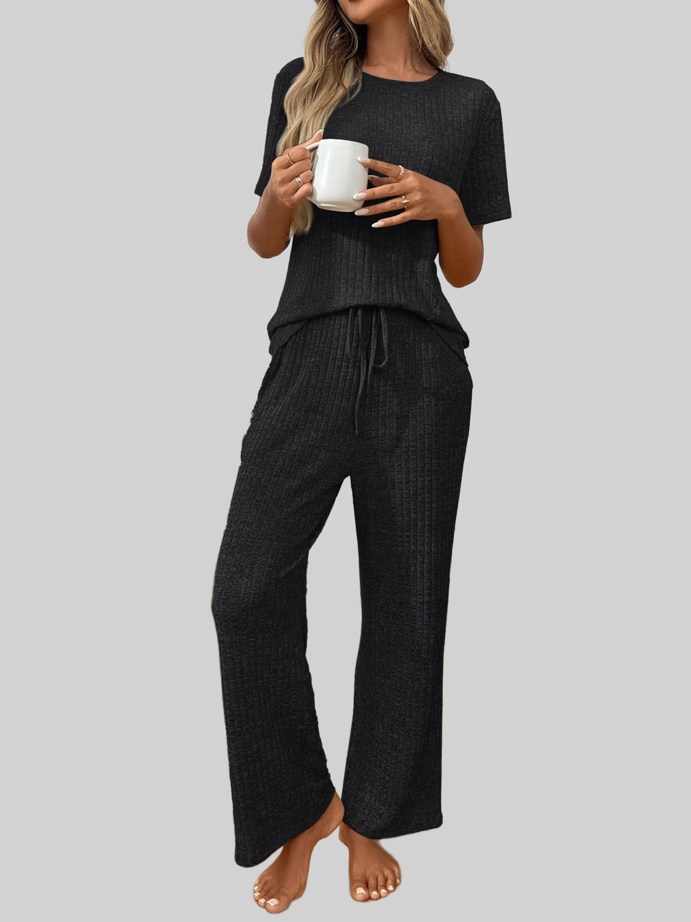 Ribbed Knit Short Sleeve Top and Pants Lounge Set nicholesgifts