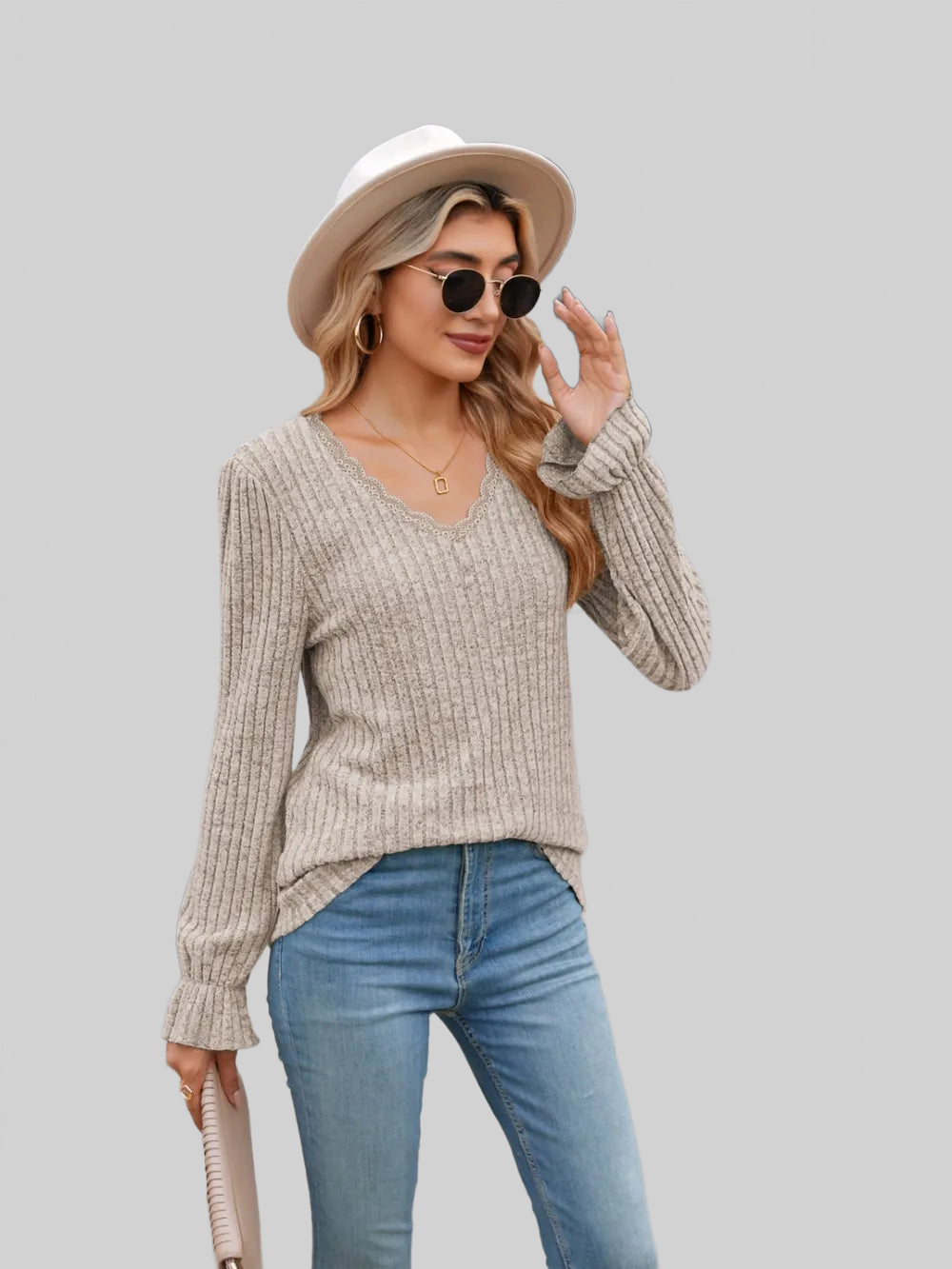 Lace Detail V-Neck Long Sleeve T-Shirt NicholesGifts
