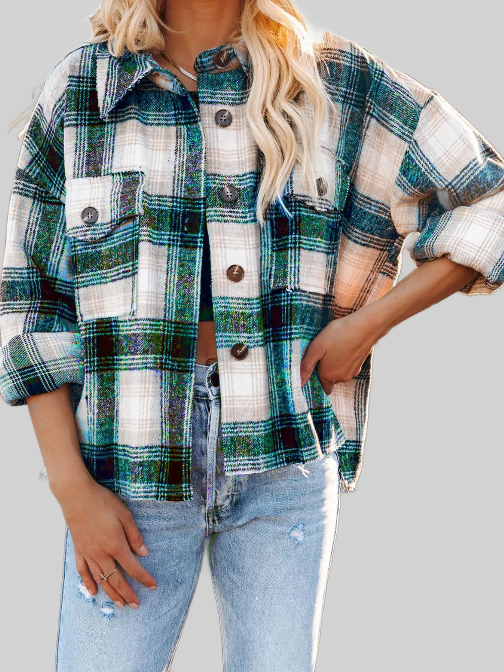Pocketed Plaid Button Down Long Sleeve Shacket nicholesgifts