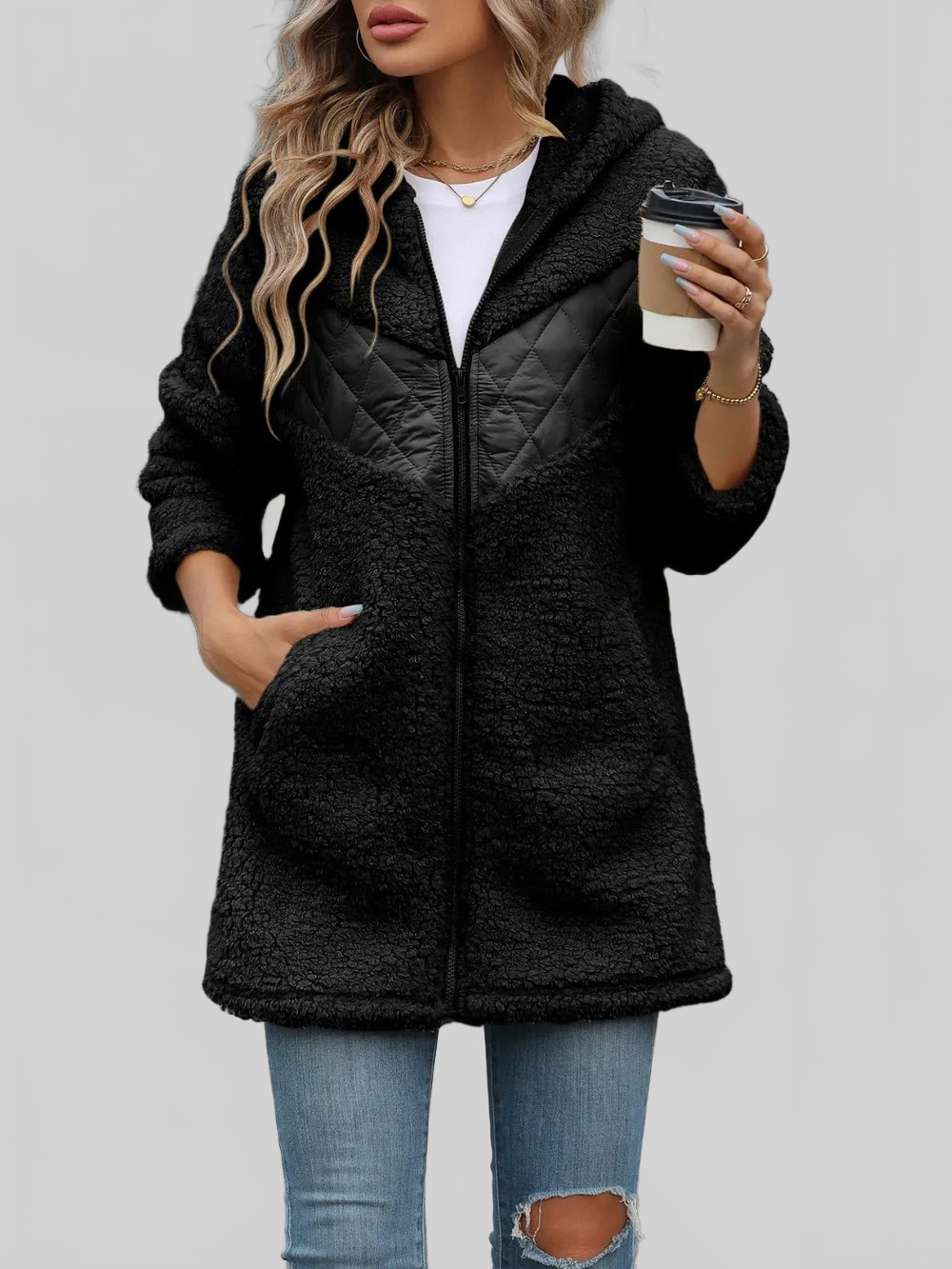 Fuzzy Zip Up Long Sleeve Hooded Jacket nicholesgifts