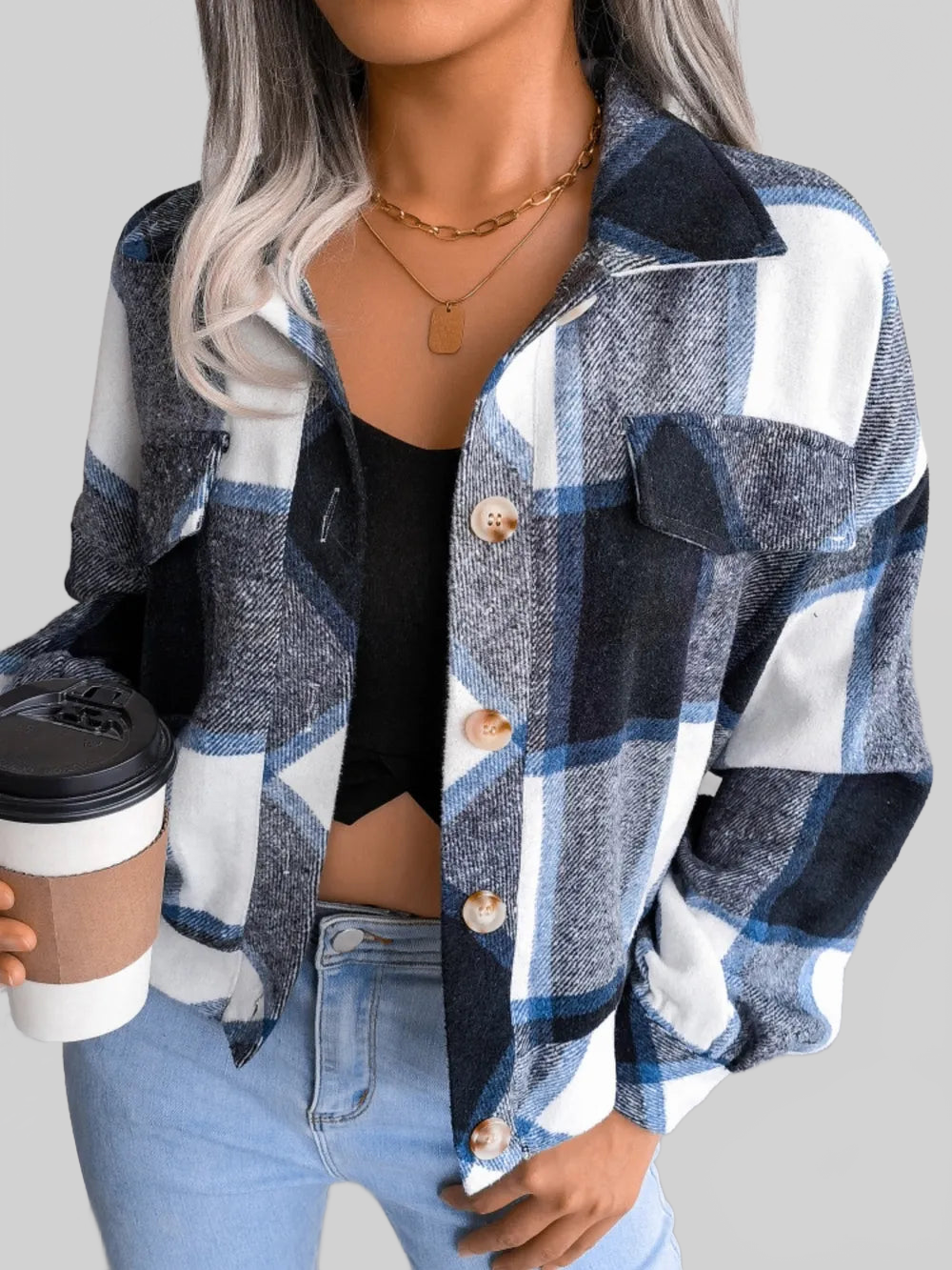 Plaid Collared Neck Long Sleeve Jacket nicholesgifts
