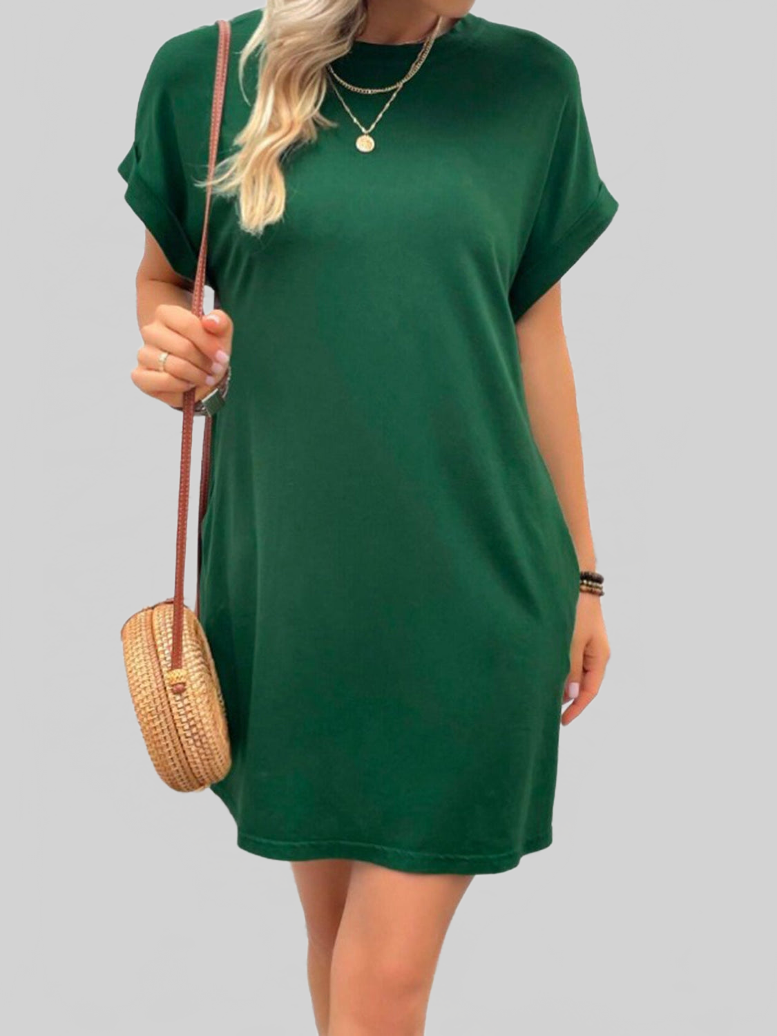 Women Pocketed Round Neck Short Sleeve Dress NicholesGifts