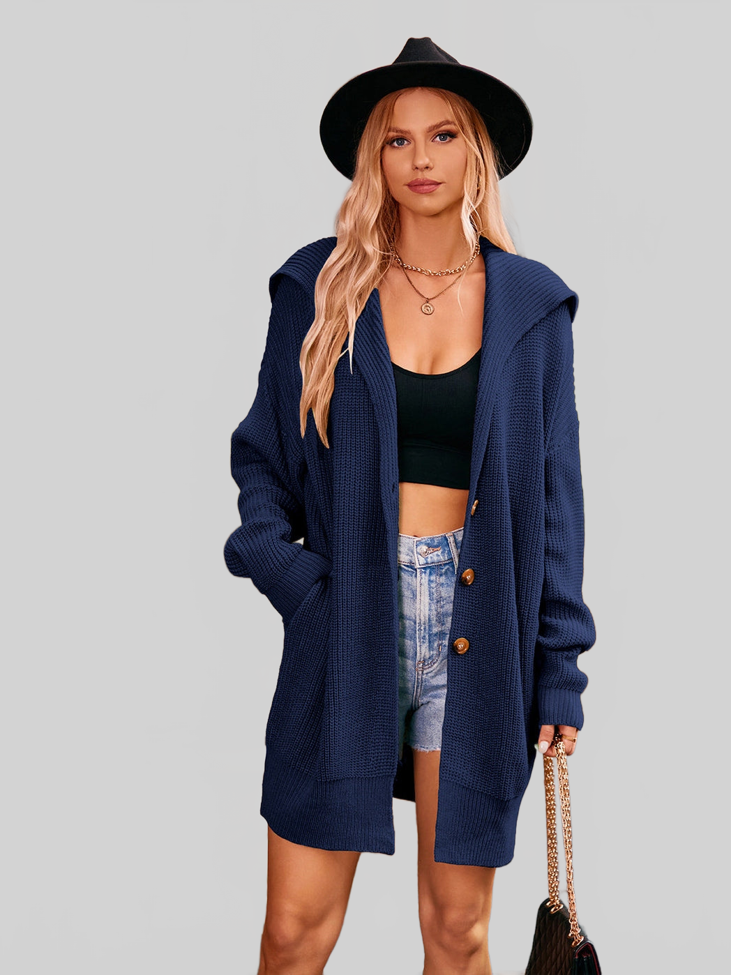 Women Collared Neck Button-Up Cardigan with Pockets nicholesgifts