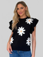 Women Double Take Full Size Ruffled Flower Round Neck Cap Sleeve Black Top NicholesGifts