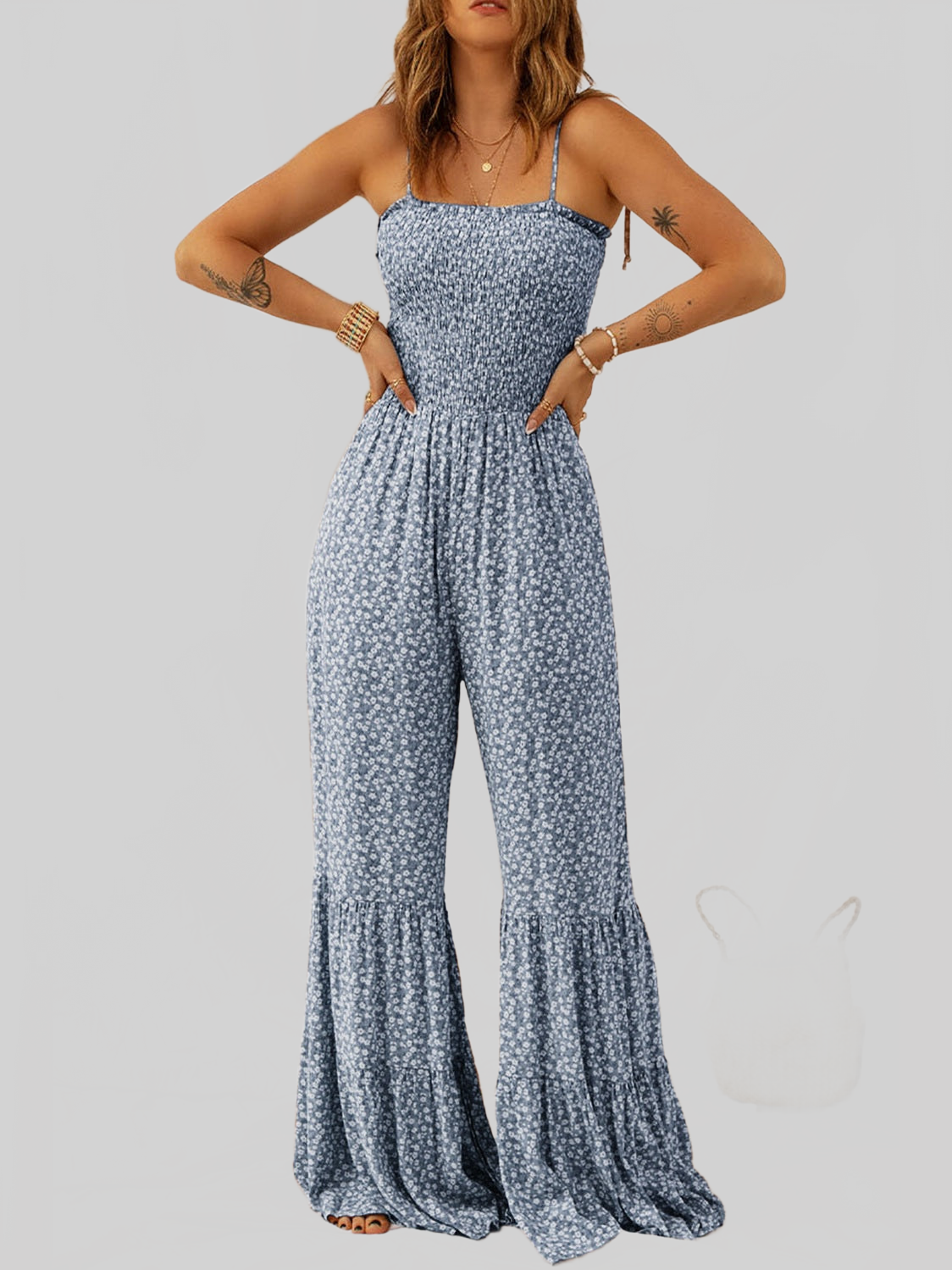 Smocked Printed Wide Strap Jumpsuit nicholesgifts