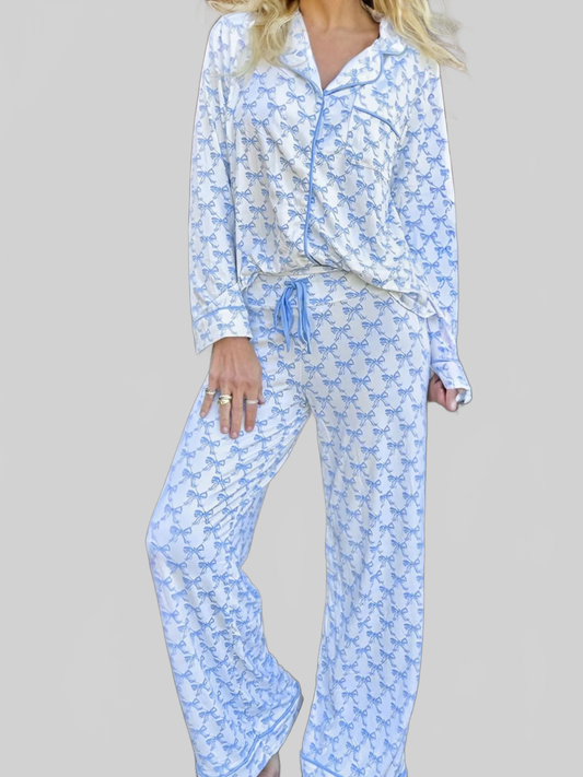 Bow Print Long Sleeve Shirt and Pants Pajama Set nicholesgifts