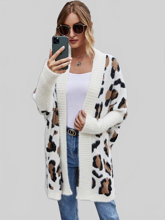 Women Leopard Pattern Fuzzy Cardigan nicholesgifts