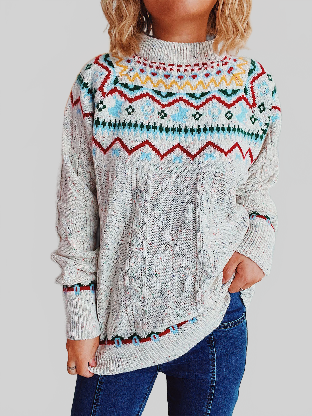 Women Cable-Knit Mock Neck Long Sleeve Sweater nicholesgifts