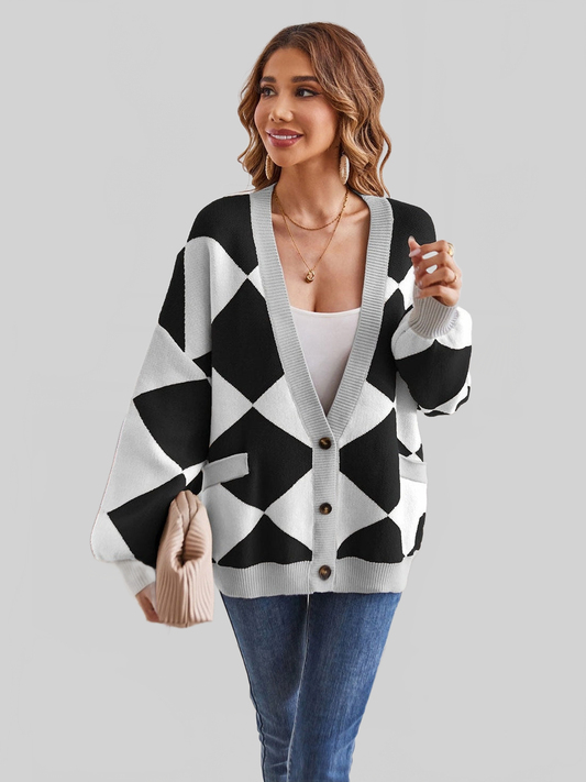 Women Geometric Lantern Sleeve Cardigan with Pockets NicholesGifts