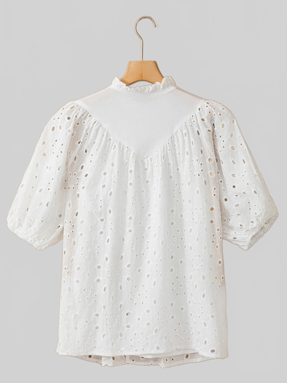 Women Eyelet Button Up Half Sleeve Blouse nicholesgifts