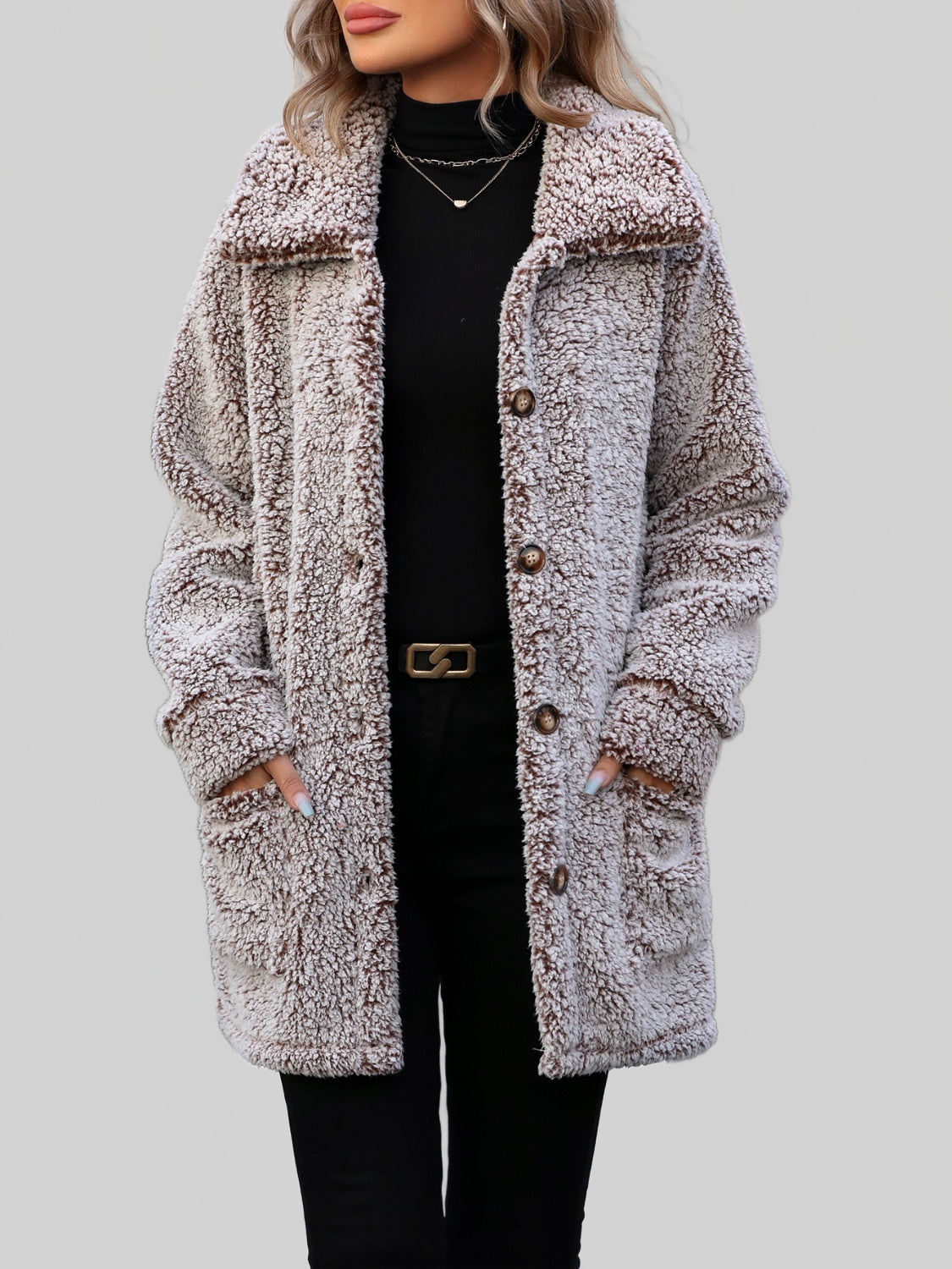 Women Pocketed Collared Neck Long Sleeve Plush Jacket NicholesGifts