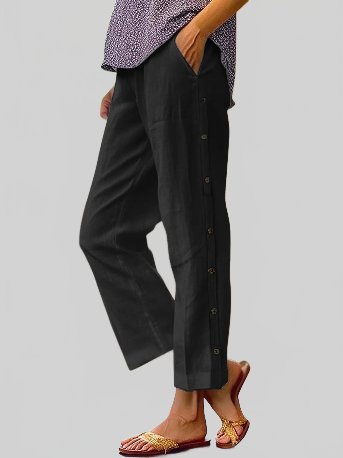 Women Full Size Side Decor Button Casual Wide Leg Pants Plus Size nicholesgifts