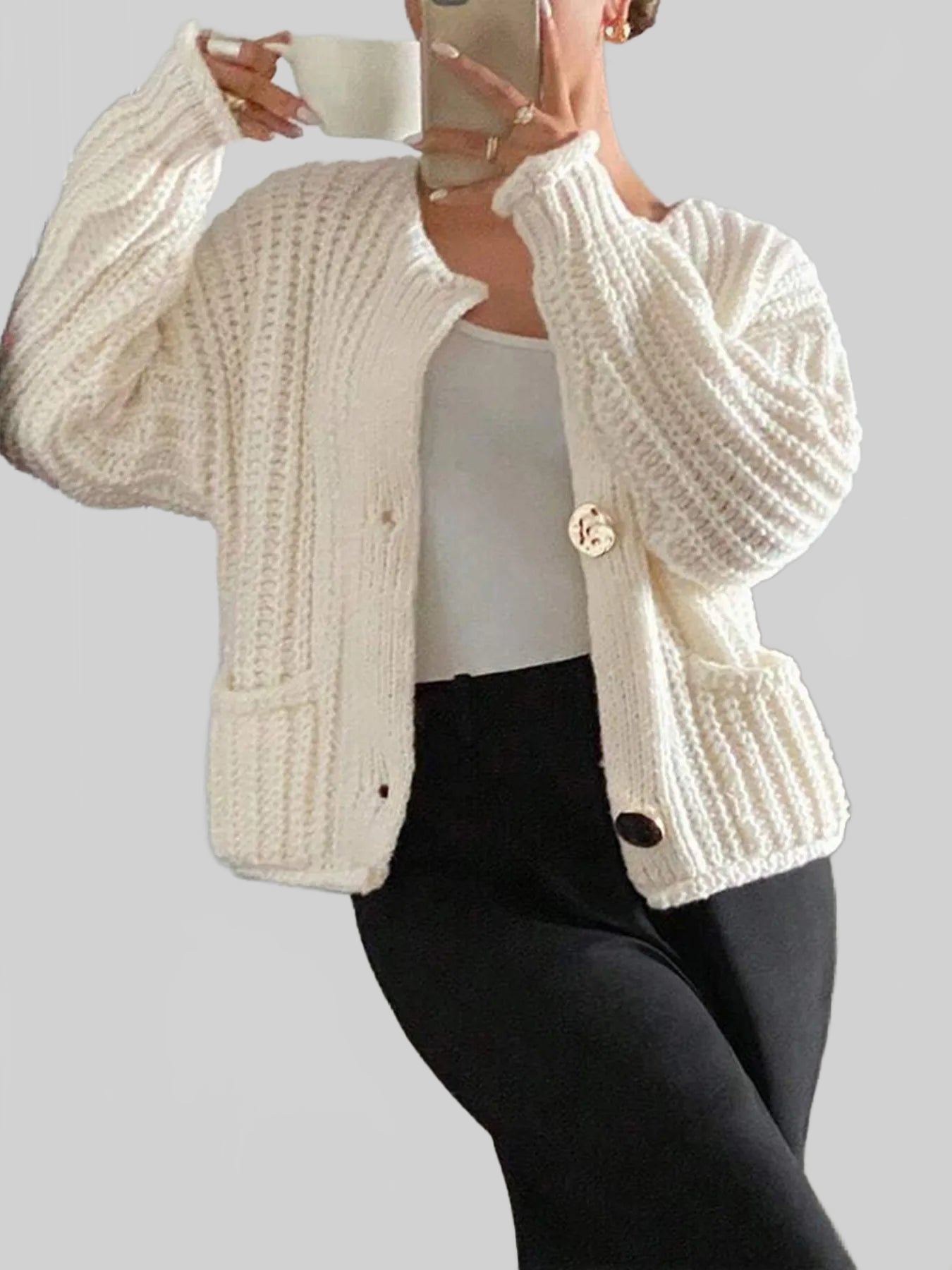 Button-Front Knit Cardigan with Pockets nicholesgifts