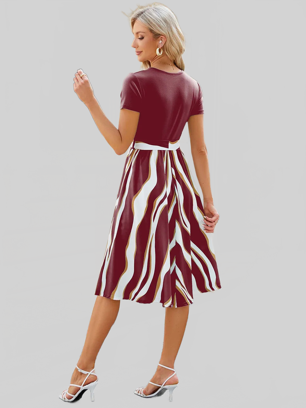 Printed Tie Waist Short Sleeve Dress nicholesgifts