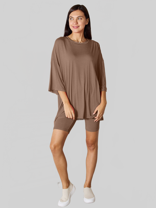 NicholesGifts Women Basic Bae Full Size Soft Rayon Three-Quarter Sleeve Top and Shorts Set nicholesgifts