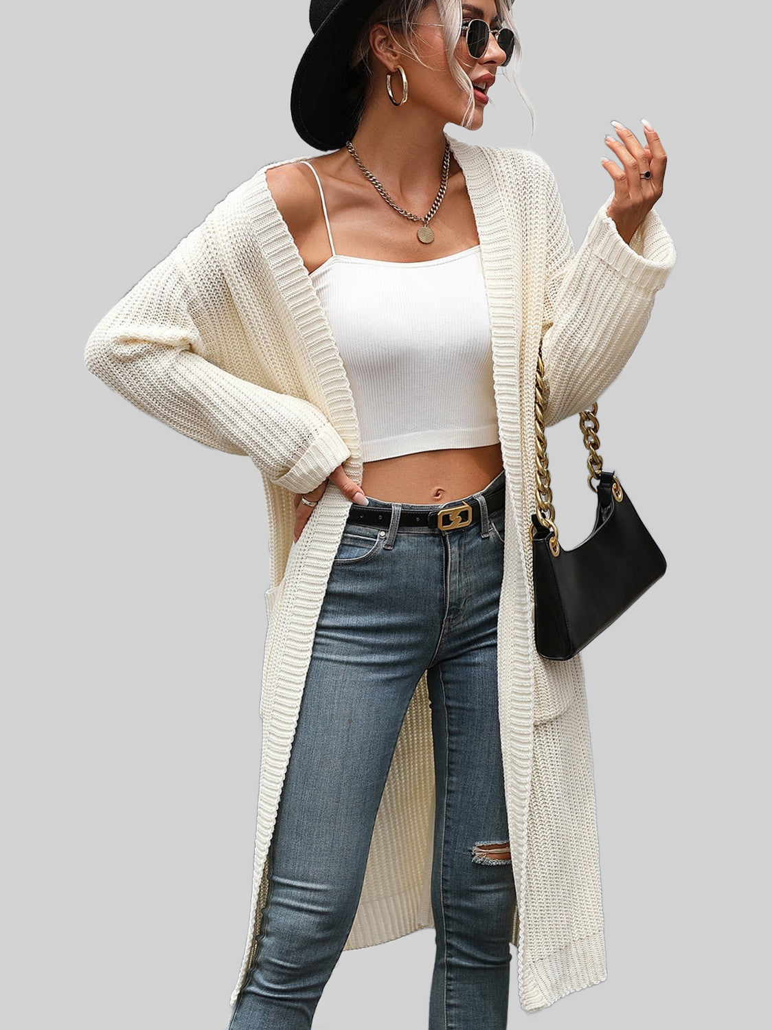 Dropped Shoulder Long Sleeve Cardigan with Pocket nicholesgifts