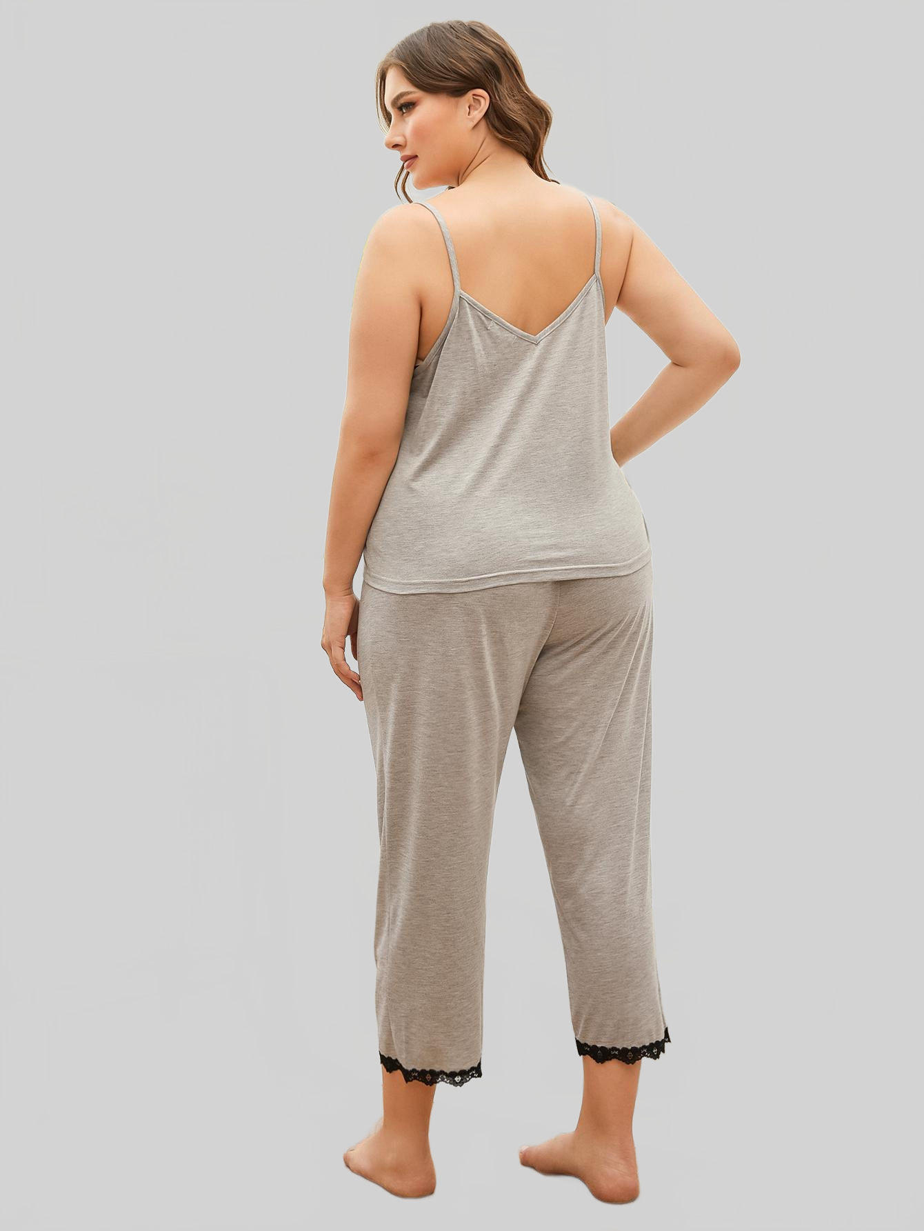 Plus Size Lace Trim Slit Cami and Pants Pajama Set nicholesgifts