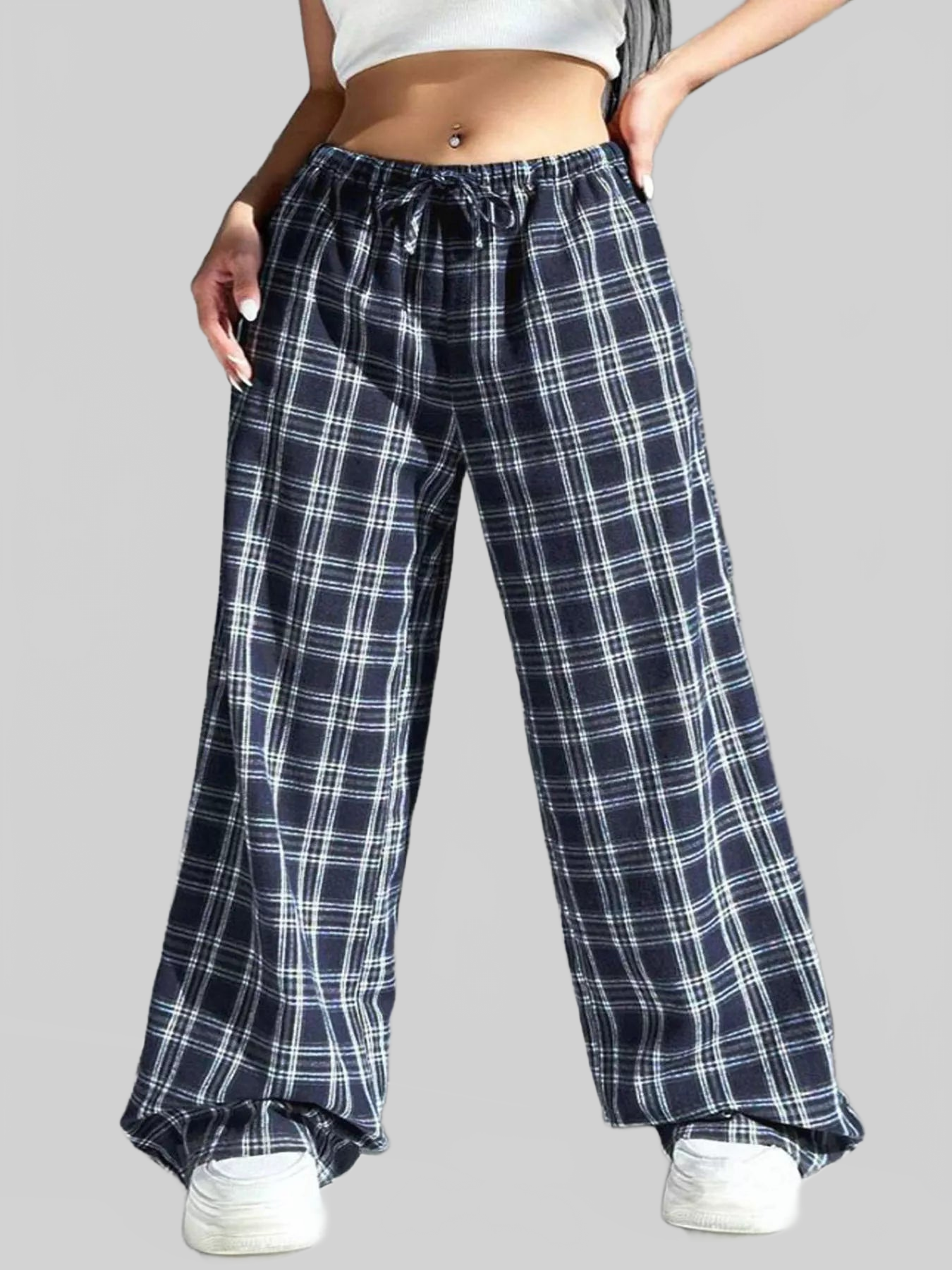Women Plaid Drawstring Wide Leg Pants nicholesgifts