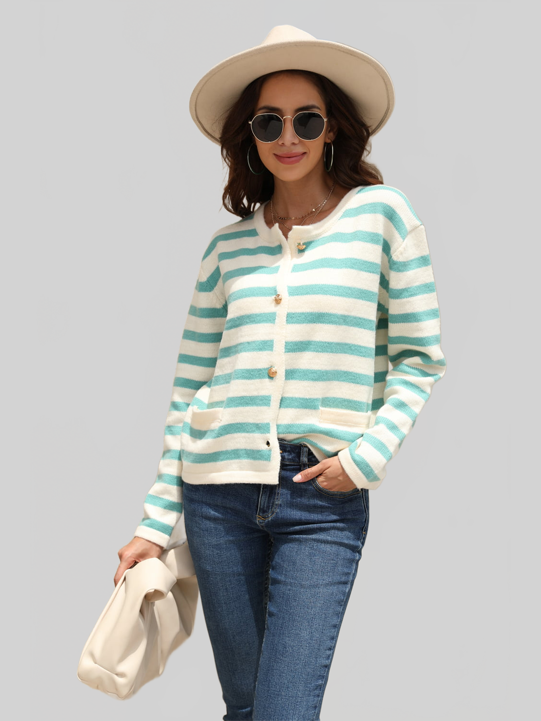 Angel Wings Striped Round Neck Button-Down Dropped Shoulder Cardigan nicholesgifts
