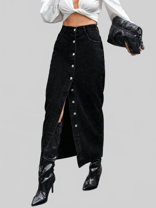 Button Front Denim Skirt nicholesgifts