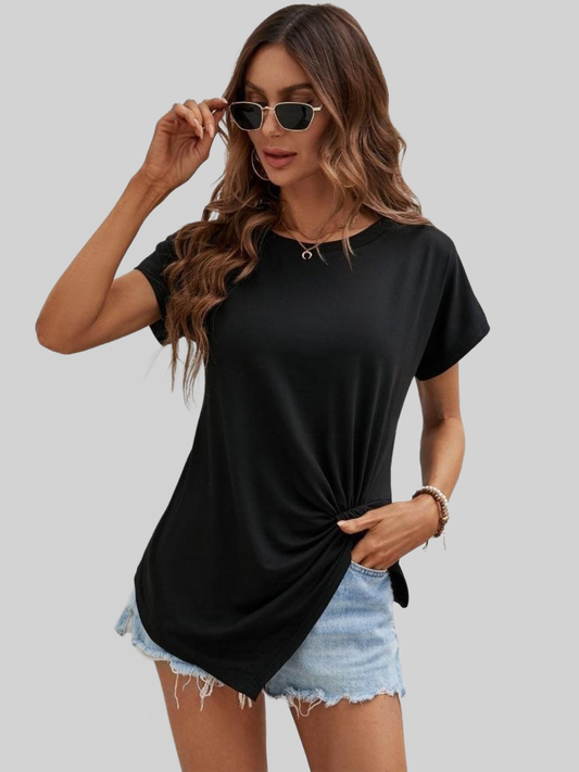 Women Asymmetric Hem Round Neck Short Sleeve T-Shirt nicholesgifts
