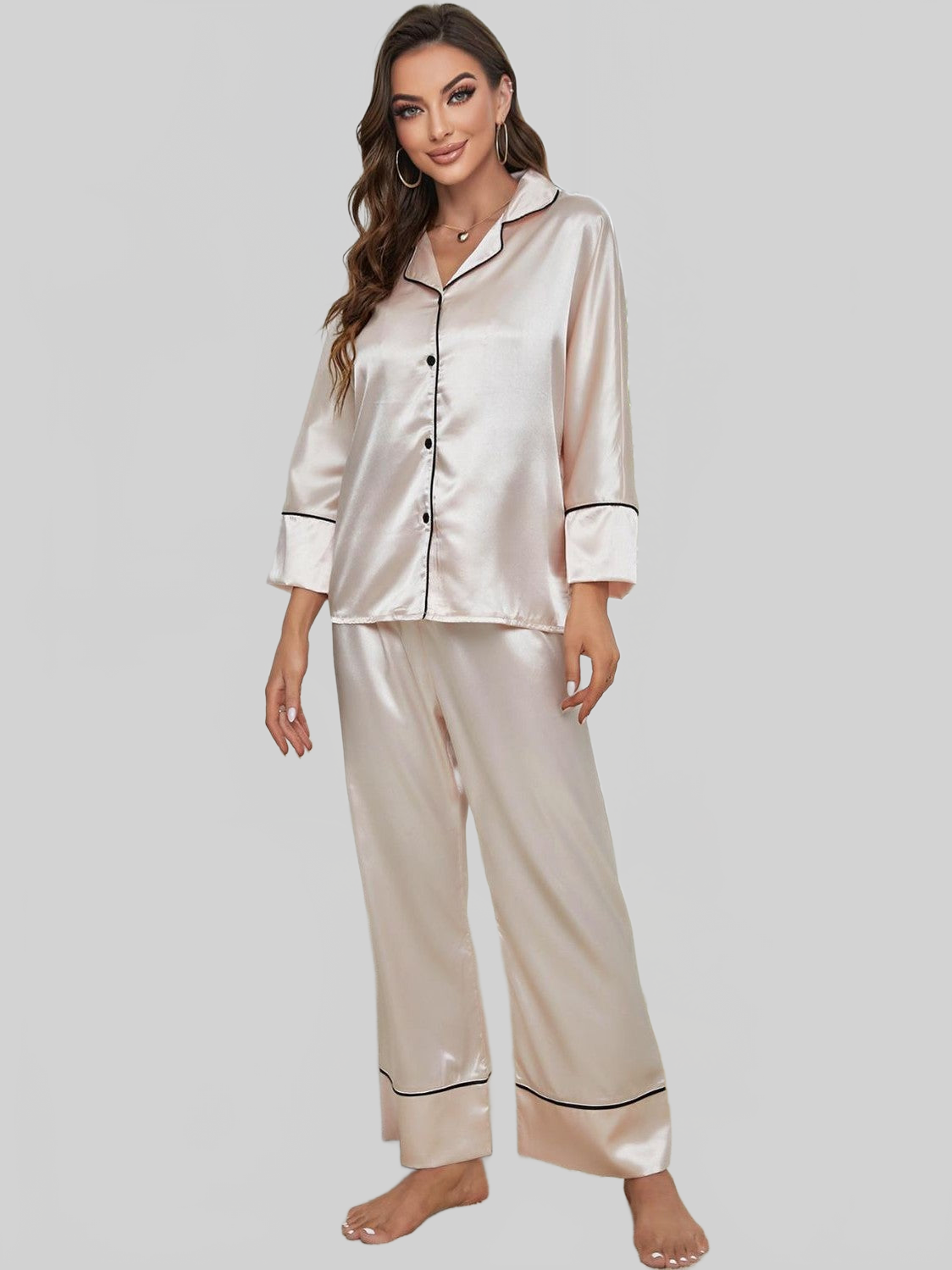 Contrast Piping Button-Up Top and Pants Pajama Set nicholesgifts