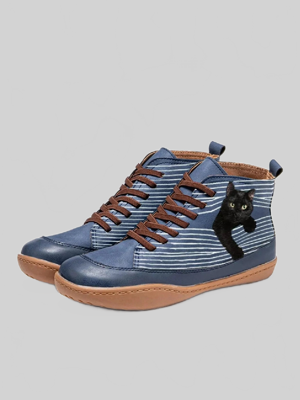 Women Cat Print Striped Ankle Sneakers NicholesGifts